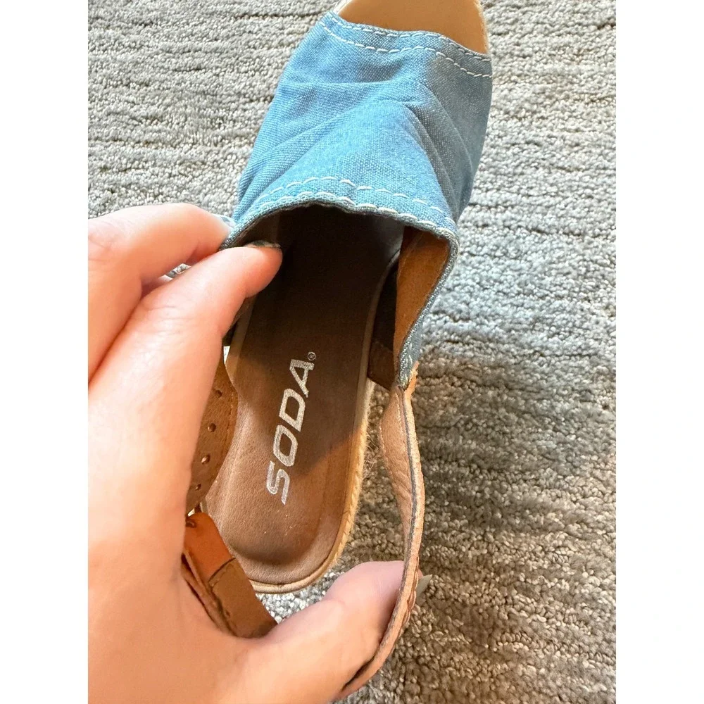Denim Wedge Soda Women Espadrille Wedge Sandals Blue Ruched Slingback Size 5.5